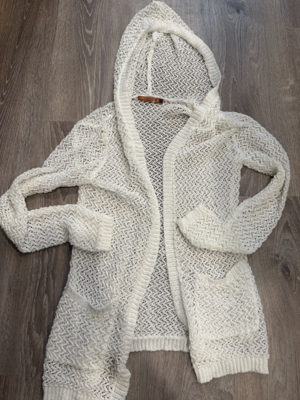 Belldini Cream Open-Knit Hooded Cardigan